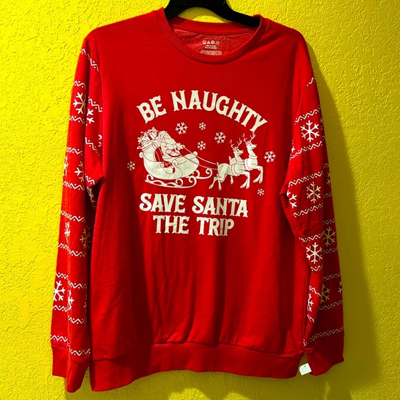 BE NAUGHTY SAVE SANTA THE TRIP * Holiday Sweatshirt * UNISEX XXL * Red and White - Picture 1 of 5